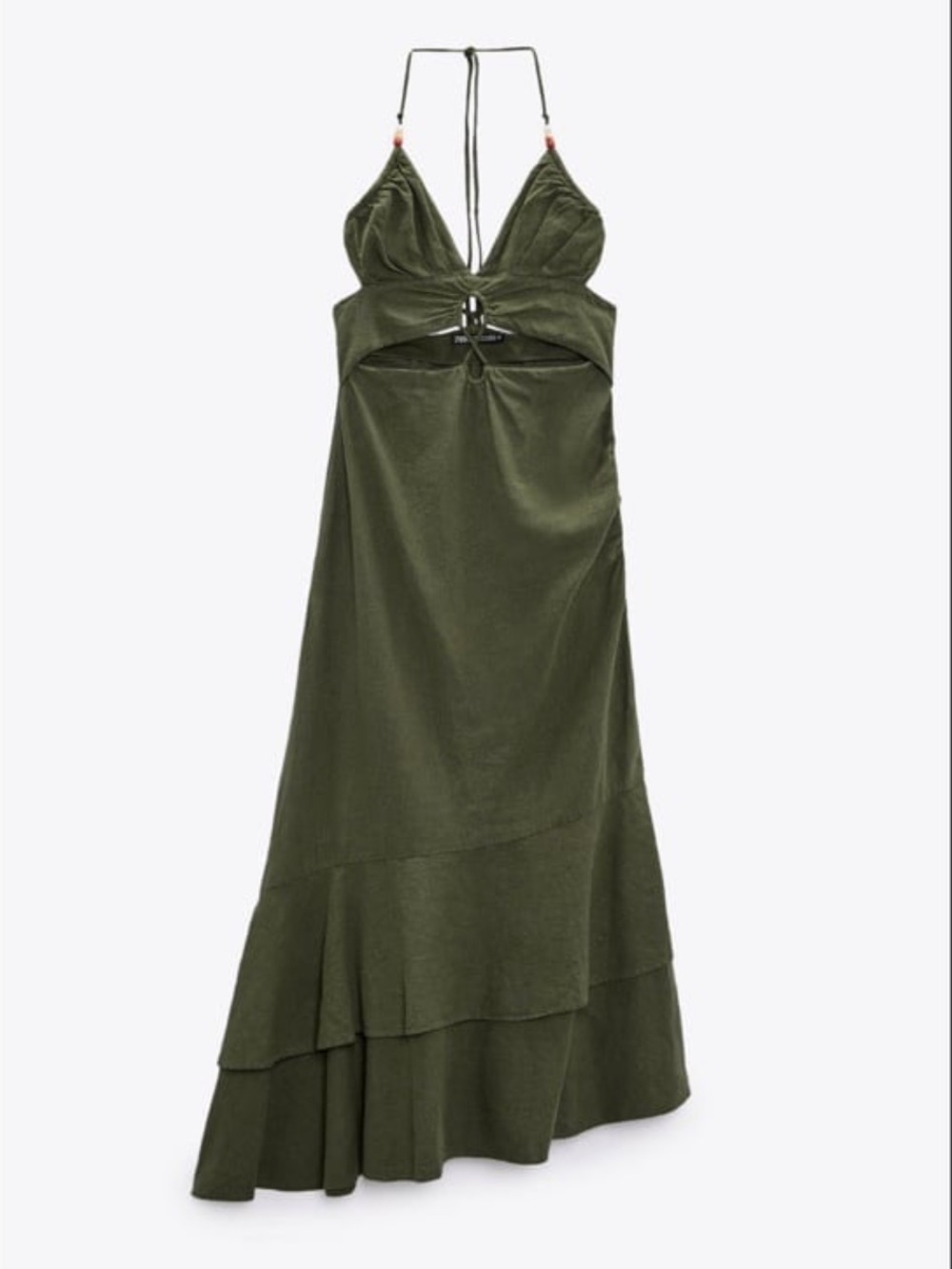 NWT Zara linen blend Olive Green Halter asymmetrical Maxi Dress - Women